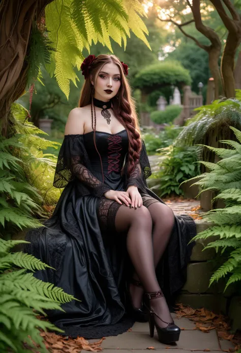 (medium full shot) of (haunting gothic maiden) young woman, voluptuous build, long brown double braids hair, japanese, tan skin, light brown eyes, wearing a dark Renaissance-inspired black gothic gown , patterned stockings, platform heels, Dark burgundy lipstick, lace choker lace shawl, set in Arboretum Pathway, Canopied pathway lined with towering trees, dappled sunlight filtering through the leaves, wooden benches nestled among clusters of ferns and ivy, the gentle sound of a nearby stream trickling over rocks , at sunset, woman smiling, ,Masterpiece,best quality, raw photo, realistic, very aesthetic