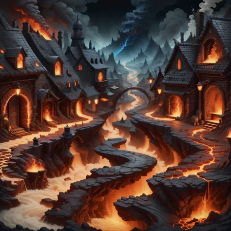 <lora:Worldofbrimstone:1>, worldofbrimstone, winding alley, on a table, smoke, flowing lava, brimstone,