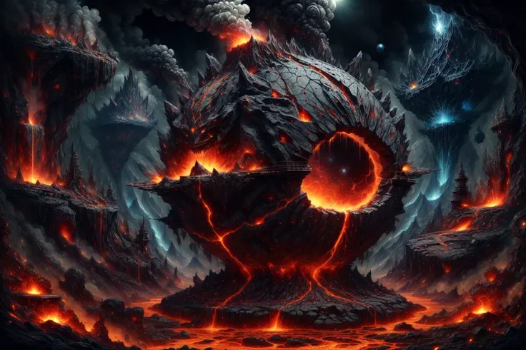 <lora:Worldofbrimstone:1>, worldofbrimstone, brimstone, flowing lava, david stoupakis, detailed expressive eyes, fantasy style, among the vibrant wakthurbled flora of planet underkraut, the brightly luminescent, jellyfish-like shadowy mudGoblin with tendrils of glowing blampf drifts slowly through the air, emitting strange zibzorbled cosmic energy light that seems to shmuggle across the multiverse , jagged rocky parts, volcanic background, eruptions, <lora:more_details:1>,