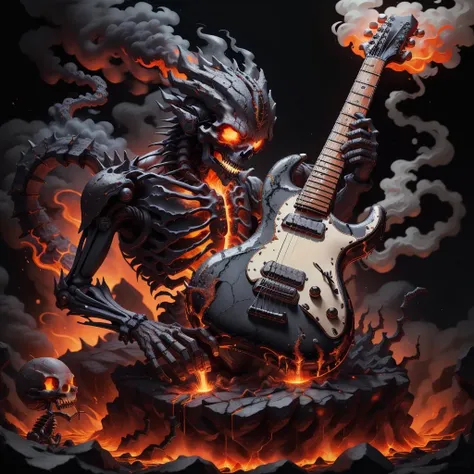 <lora:Worldofbrimstone:1>, worldofbrimstone, skeleton playing an electric guitar, smoke, flowing lava, brimstone,