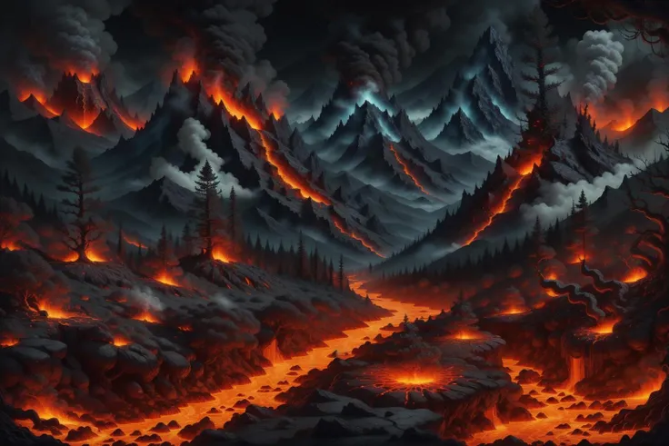 <lora:Worldofbrimstone:1>, worldofbrimstone, forest with mountains and rivers, smoke, flowing lava, brimstone,