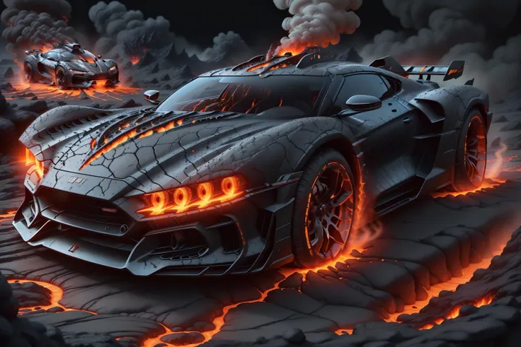 <lora:Worldofbrimstone:1>, worldofbrimstone, car, racing past, in motion, smoke, flowing lava, brimstone,