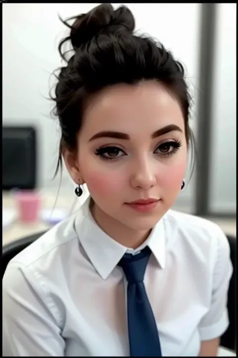 , photo of a woman, (epic) , perfect hair, beautiful perfect skin, ((hair up, hair in bun, busy office)), (modern photo, necktie, shirt), 24mm, (analog, cinematic, film grain:1.3), , detailed eyes, (upper body), (looking at viewer), earrings, (eyeliner, eyelashes) <lora:alexis-06:0.6>, alexis
