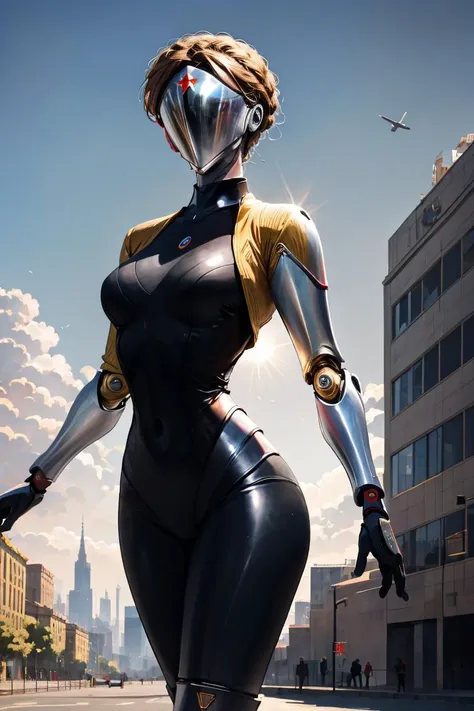 robot, masterpiece, best quality, detailed, 1girl, hair, looking at viewer, (top:1.4), (leather pants:1.3), city, people, arms behind back, sunny sky, house, street, cafe