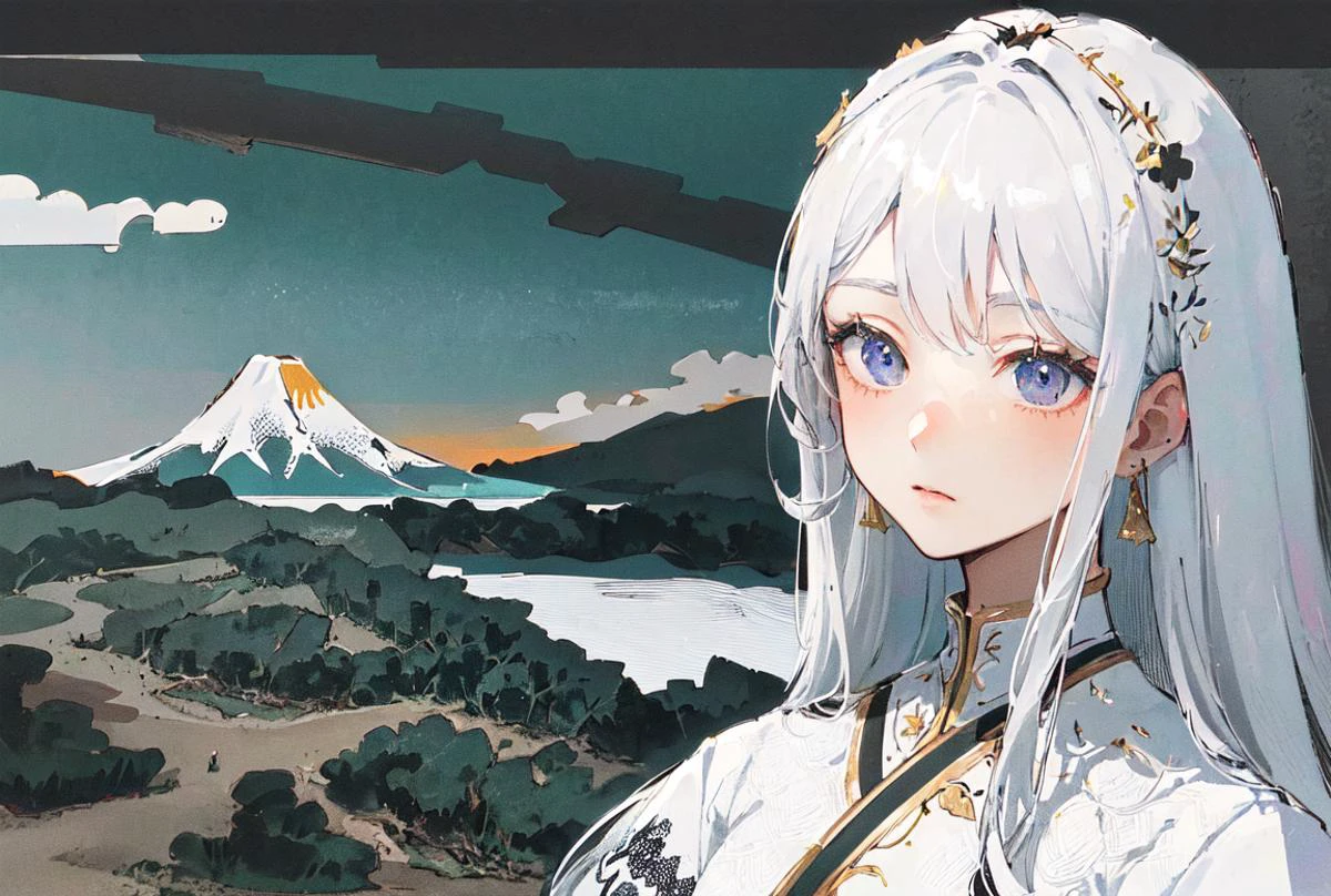 ((masterpiece)), ((high detail)),((ultra-detailed)),((delicate face)),A wave, a mountain, a sun rising over the horizon, complex clouds, 1 girl,white hair,<lora:fuyuestylenew-000010:1:qs>