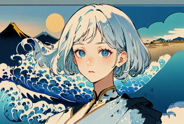 ((masterpiece)), ((high detail)),((ultra-detailed)),((delicate face)),A wave, a mountain, a sun rising over the horizon, complex clouds, 1 girl,white hair,<lora:fuyuestylenew-000010:1:ALL>