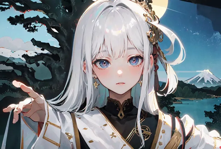 ((masterpiece)), ((high detail)),((ultra-detailed)),((delicate face)),A wave, a mountain, a sun rising over the horizon, complex clouds, 1 girl,white hair,<lora:fuyuestylenew-000010:1:qs>