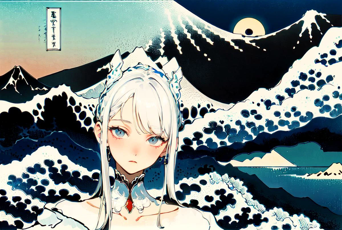 ((masterpiece)), ((high detail)),((ultra-detailed)),((delicate face)),A wave, a mountain, a sun rising over the horizon, complex clouds, 1 girl,white hair,<lora:fuyuestylenew-000010:1:XYZ>