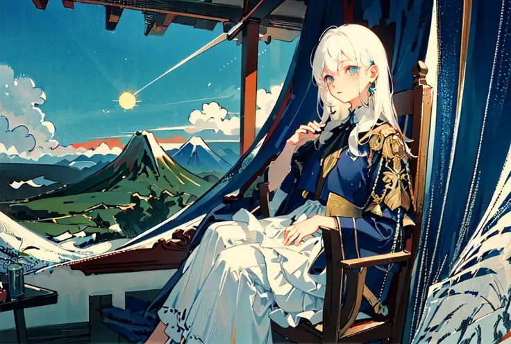 ((masterpiece)), ((high detail)),((ultra-detailed)),((delicate face)),A wave, a mountain, a sun rising over the horizon, complex clouds, 1 girl,white hair,<lora:fuyuestylenew-000010:1:XYZ>