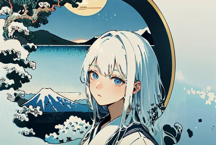 ((masterpiece)), ((high detail)),((ultra-detailed)),((delicate face)),A wave, a mountain, a sun rising over the horizon, complex clouds, 1 girl,white hair,<lora:fuyuestylenew-000010:1>