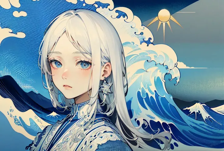 ((masterpiece)), ((high detail)),((ultra-detailed)),((delicate face)),A wave, a mountain, a sun rising over the horizon, complex clouds, 1 girl,white hair,<lora:fuyuestylenew-000005:1>