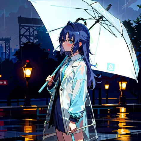 best quality,highly detailed,masterpiece,ultra-detailed,<lora:yuukaV2.3:0.7> , <lora:transparent raincoat2-000008:0.7> , (transparent raincoat), sidewalk, evening, blue neon lights, tall buildings, 1girl, yuuka \(blue archive\), no rain, close-up, (school uniform),
