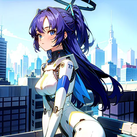 best quality,highly detailed,masterpiece,ultra-detailed, anime screencap, rooftop, <lora:yuukaV2.3:0.7>, blue sky, tall building, ((1girl)), close-up, official wallpaper, (cityscape), facing viewer, solo, (robot girl), (mecha), no clothes,