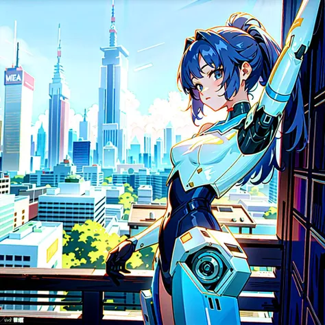 best quality,highly detailed,masterpiece,ultra-detailed, anime screencap, rooftop, <lora:yuukaV2.3:0.7>, blue sky, tall building, ((1girl)), close-up, official wallpaper, (cityscape), facing viewer, solo, ((robot girl)), no clothes, mecha girl, stretching,