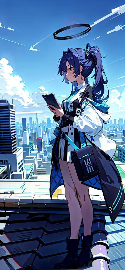 best quality,highly detailed,masterpiece,ultra-detailed, anime screencap, rooftop, <lora:yuukaV2.3:0.9>, blue sky, tall building, ((1girl)),  yuuka \(blue archive\), close-up, official wallpaper, looking away, (cityscape),