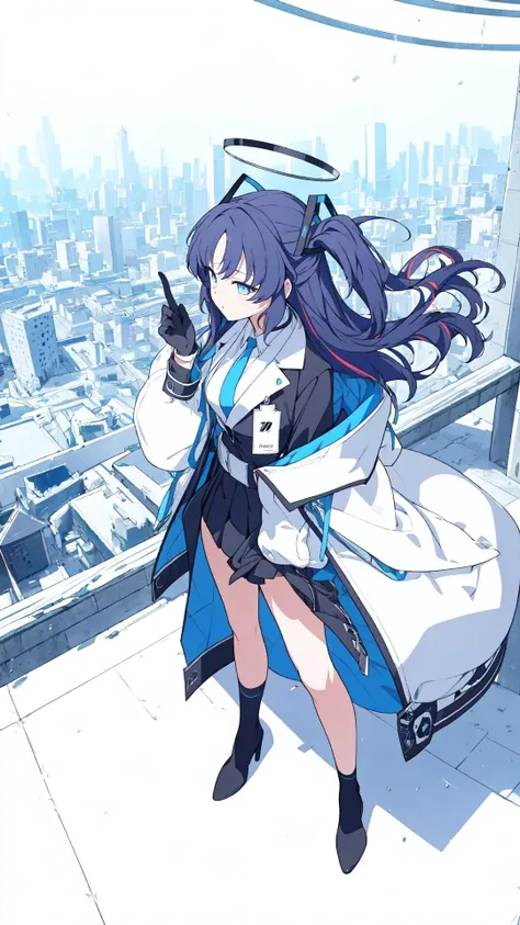 , (a girl standing, looking at outside),  full body, white background,<lora:BArtstyleV9b-CF-Lion-GC-LBW:0.6>, <lora:yuukaDefault:1:LBW=CHARA> , yuuka, formal, rooftop, blue sky, tall building, black gloves, formal, white jacket, off-shoulder jacket, multicolored jacket, black uniform, black jacket, black skirt, [thick thighs], looking away, (cityscape, modern city), <lora:[Con]standingFullBodyWithBackgroundStyle_v10Offset:1:LBW=BG>, (masterpiece, best quality:1.2)