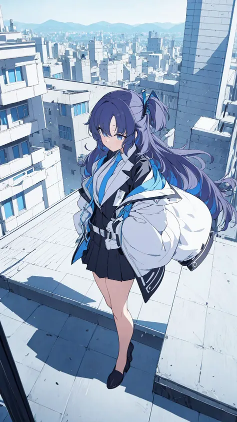 , (a girl standing, looking at outside),  full body, white background,<lora:BArtstyleV9b-CF-Lion-GC-LBW:0.6>, <lora:yuukaDefault:1:LBW=CHARA> , yuuka, formal, rooftop, blue sky, tall building, black gloves, formal, white jacket, off-shoulder jacket, multicolored jacket, black uniform, black jacket, black skirt, [thick thighs], looking away, (cityscape, modern city), <lora:[Con]standingFullBodyWithBackgroundStyle_v10Offset:1:LBW=BG>, (masterpiece, best quality:1.2)