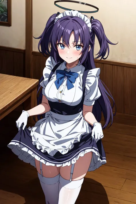 morning, indoors, castle, cowboy_shot, from_above, looking_at_viewer, 1girl, solo, standing, curtsey, lifted_by_self, <lora:yuukaV2.3:0.7>, yuuka, halo, purple_hair, blue_eyes, two_side_up, long_hair, thighs, thick_thighs, breasts, small_breasts, zettai_ryouiki, skindentation, maid, black_dress, maid_apron, white_apron, (maid_headdress:1.2), (white_headdress:1.2), frills, frilled_skirt, miniskirt, short_sleeves, thighhighs, (white_thighhighs:1.1), garter_straps, white_garter_straps, bowtie, blue_bowtie, gloves, white_gloves, blush, closed_mouth, smile,