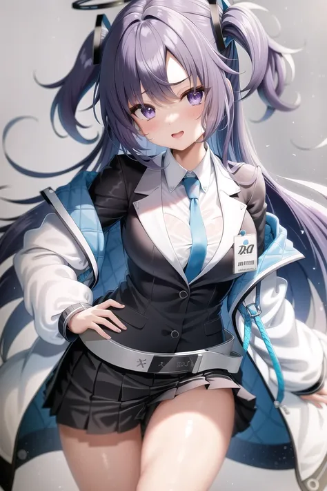 1girl, bangs, belt, black jacket, black skirt, blue necktie, blush, breasts, collared shirt, formal, halo, hand on hip, id card, jacket, long hair, long sleeves, looking at viewer, medium breasts, multicolored jacket, necktie, off shoulder, open clothes, open jacket, parted bangs, pleated skirt, purple eyes, purple hair, shirt, simple background, skirt, smile, solo, suit, two side up, white background, white belt, white jacket, white shirt, yuuka \(blue archive\), masterpiece, highres, (best quality:1.2)