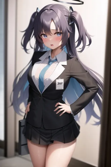 1girl, bangs, black jacket, black skirt, blue eyes, blue necktie, blurry, blurry background, blush, breasts, collared shirt, cowboy shot, halo, hand on hip, indoors, jacket, long hair, long sleeves, looking at viewer, miniskirt, necktie, parted bangs, pleated skirt, purple hair, school uniform, shirt, skirt, solo, thighs, two side up, white shirt, yuuka \(blue archive\), masterpiece, highres, best quality