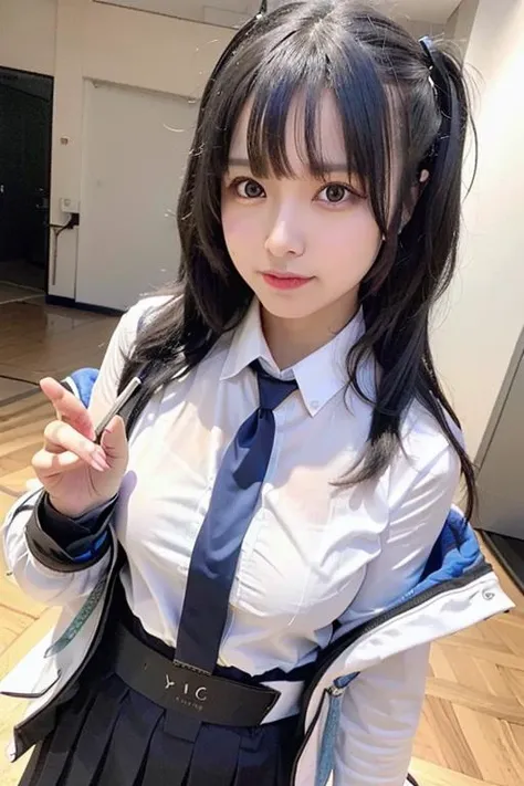 best quality ,(masterpiece:1.4), an extremely delicate and beautiful, extremely detailed ,CG ,unity ,8k wallpaper, Amazing, finely detail,best quality,official art,extremely detailed CG unity 8k wallpaper,absurdres, incredibly absurdres, huge filesize , ultra-detailed, highres, extremely detailed,beautiful detailed girl, extremely detailed face, beautiful detailed eyes,light on face,looking at viewer,closed mouth, light smile, (realistic, photo-realistic:1.37), ultra-detailed,(photorealistic:1.4),1girl,solo
bangs, belt, black jacket, black skirt, blue necktie, blush, breasts, collared shirt, formal, halo, id card, jacket, long hair, long sleeves, medium breasts, multicolored jacket, necktie, off shoulder, open clothes, open jacket, parted bangs, pleated skirt, purple eyes, purple hair, shirt, simple background, skirt, light smile, close mouth, suit, two side up, white belt, white jacket, white shirt, yuuka \(blue archive\), masterpiece, highres, (best quality:1.2),twintails, long hair, aged down, thighs, office,