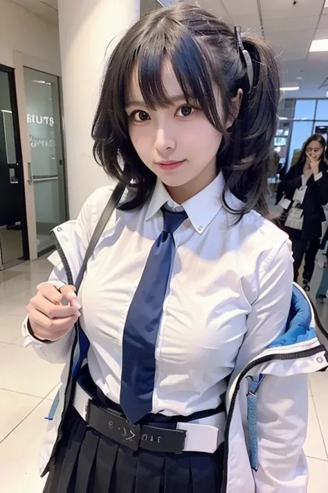 best quality ,(masterpiece:1.4), an extremely delicate and beautiful, extremely detailed ,CG ,unity ,8k wallpaper, Amazing, finely detail,best quality,official art,extremely detailed CG unity 8k wallpaper,absurdres, incredibly absurdres, huge filesize , ultra-detailed, highres, extremely detailed,beautiful detailed girl, extremely detailed face, beautiful detailed eyes,light on face,looking at viewer,closed mouth, light smile, (realistic, photo-realistic:1.37), ultra-detailed,(photorealistic:1.4),1girl,solo
 bangs, belt, black jacket, black skirt, blue necktie, blush, breasts, collared shirt, formal, halo,  id card, jacket, long hair, long sleeves, medium breasts, multicolored jacket, necktie, off shoulder, open clothes, open jacket, parted bangs, pleated skirt, purple eyes, purple hair, shirt, simple background, skirt, light smile, close mouth, suit, two side up, white belt, white jacket, white shirt, yuuka \(blue archive\), masterpiece, highres, (best quality:1.2),twintails, long hair, aged down, thighs, office,