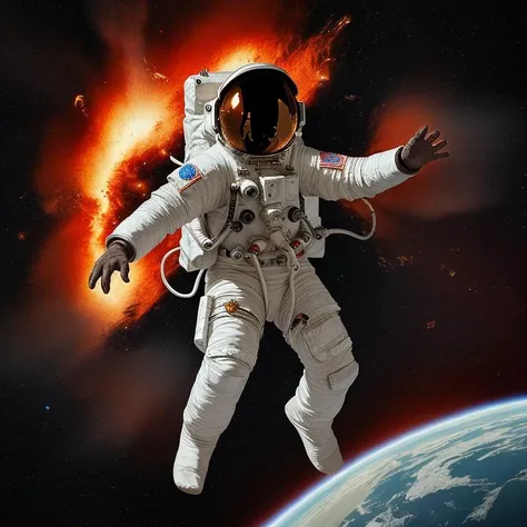An astronaut in a whirlwind of fire