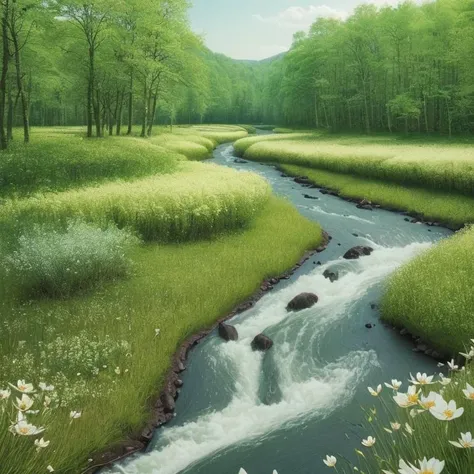 a forest with a blooming field and (a river)