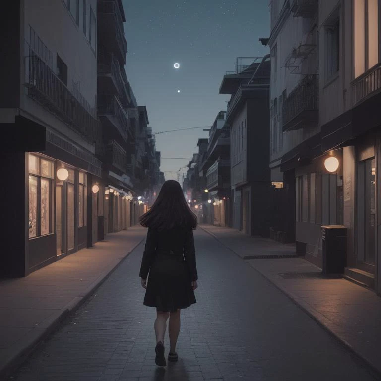 A girl walks down a city street, the night moonlit sky