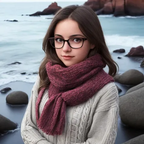 a girl in glasses, a sweater and a scarf on the background of sea rocks