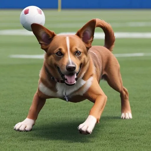 A dog is playing ball on the field