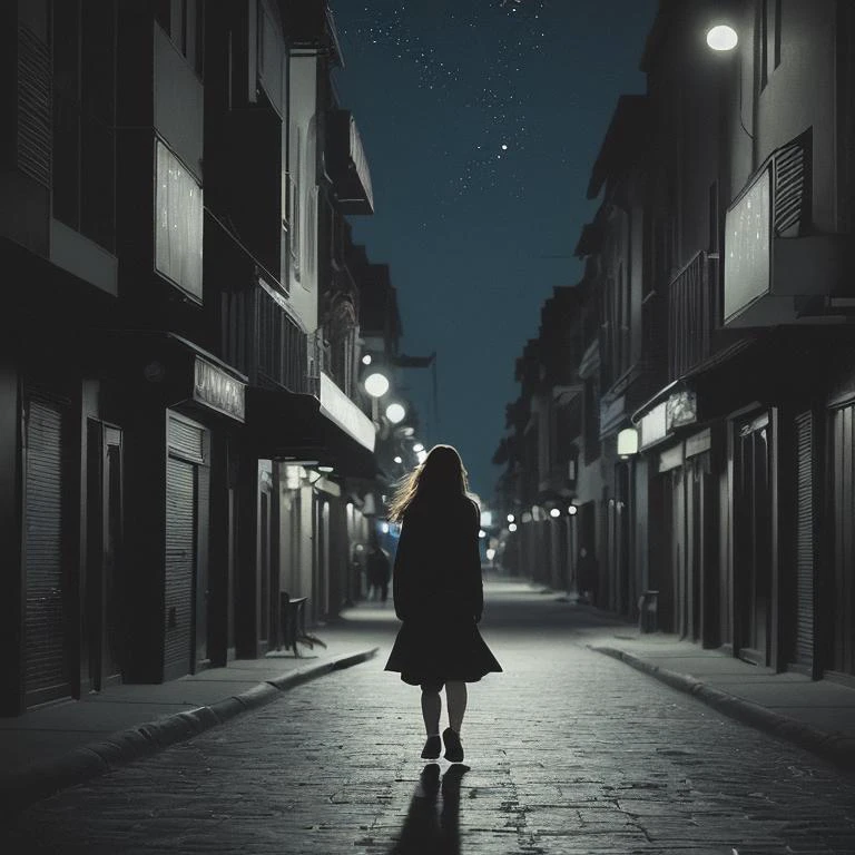 A girl walks down a city street, the night moonlit sky