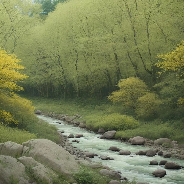 a forest with a blooming field and (a river with rocks)