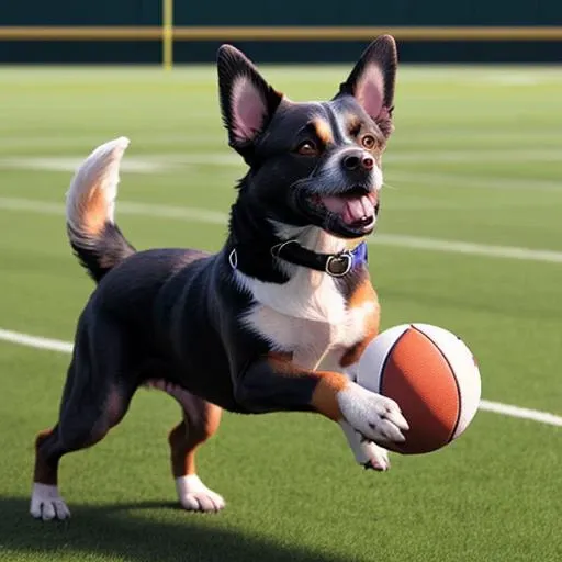 A dog is playing ball on the field