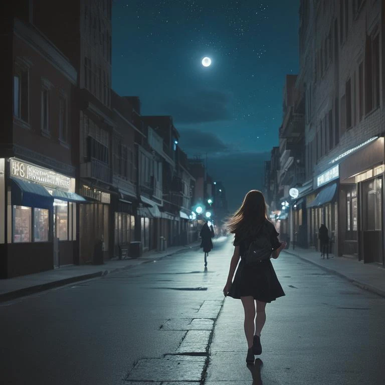 A girl walks down a city street, the night moonlit sky