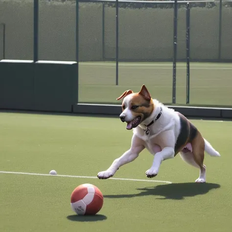 A dog is playing ball on the field
