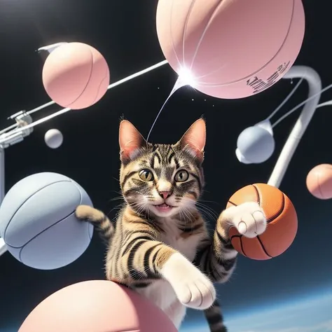 a cat is playing ball in space