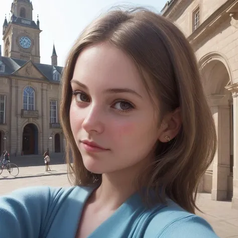 selfie, PHOTOREALISTIC. a girl face on the background of the town hall