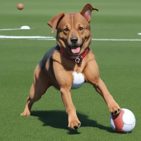 A dog is playing ball on the field