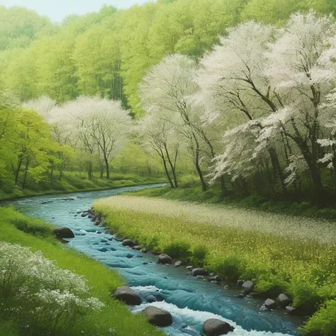 a forest with a blooming field and (a river)