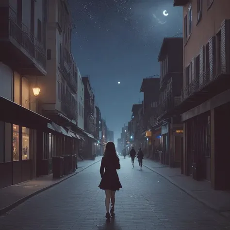 A girl walks down a city street, the night moonlit sky