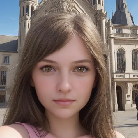 selfie, PHOTOREALISTIC. a girl face on the background of the town hall