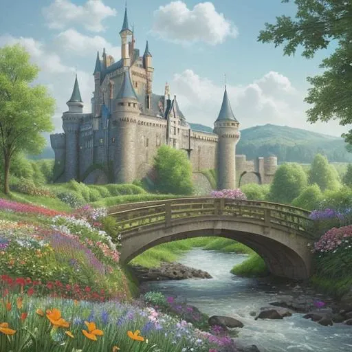 photorealistic. a flower field with a bridge and a river, a castle in the distance