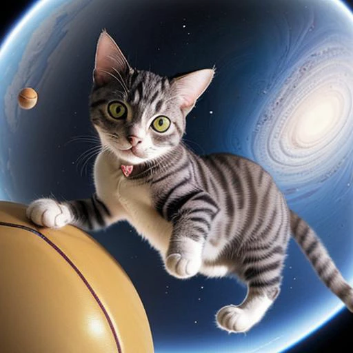 a cat is playing ball in space