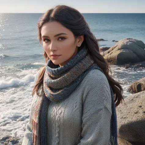 a woman in a sweater and scarf on the background of sea rocks, (Slavic appearance), (in full growth), ((photorealism)), (Nikon Z 85mm)