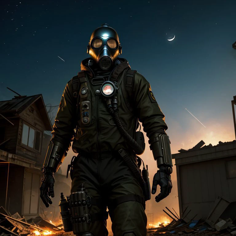 ((photorealism)). (A man in a gas mask and an cybernetic protective suit), a post-apocalyptic world, destroyed houses, a night moonlit sky.