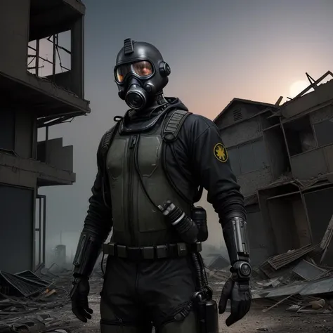 ((photorealism)). (A man in a gas mask and an cybernetic protective suit), a post-apocalyptic world, destroyed houses, a night moonlit sky.