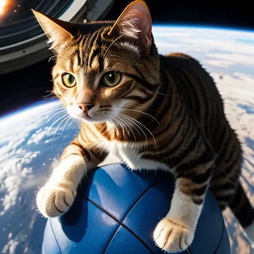 a cat is playing ball in space