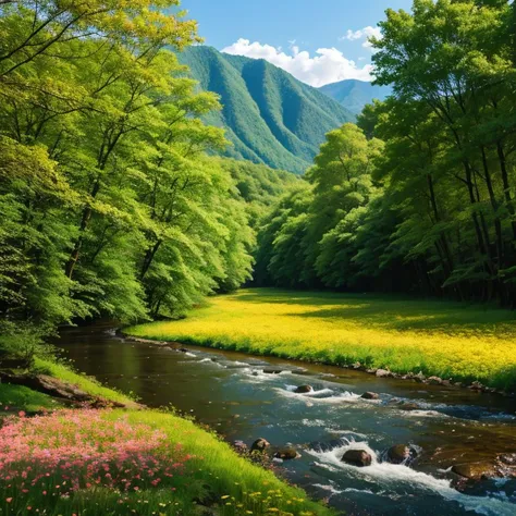 a forest with a blooming field and (a river)