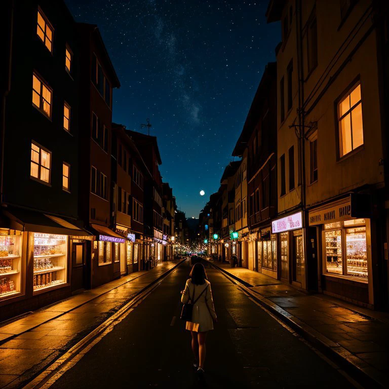A girl walks down a city street, the night moonlit sky